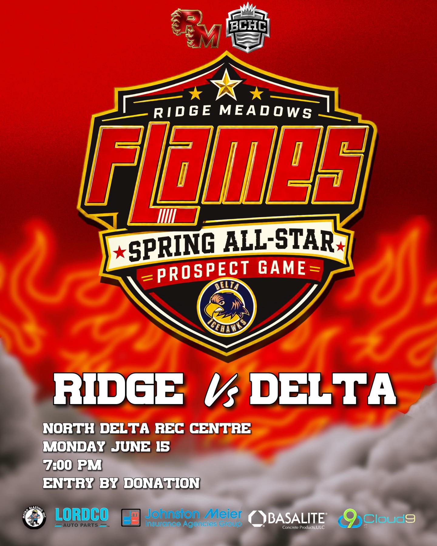 INAUGURAL SPRING ALL-STAR PROSPECT GAME!
We are excited to play Delta Monday night. 
Admission is by donation to a local charity! 
📍- North Delta Recreation Centre
🆚 - @deltaicehawks 
⏰ - 7:00pm puck drop 
@thebchc 
🔥🔥🔥🔥