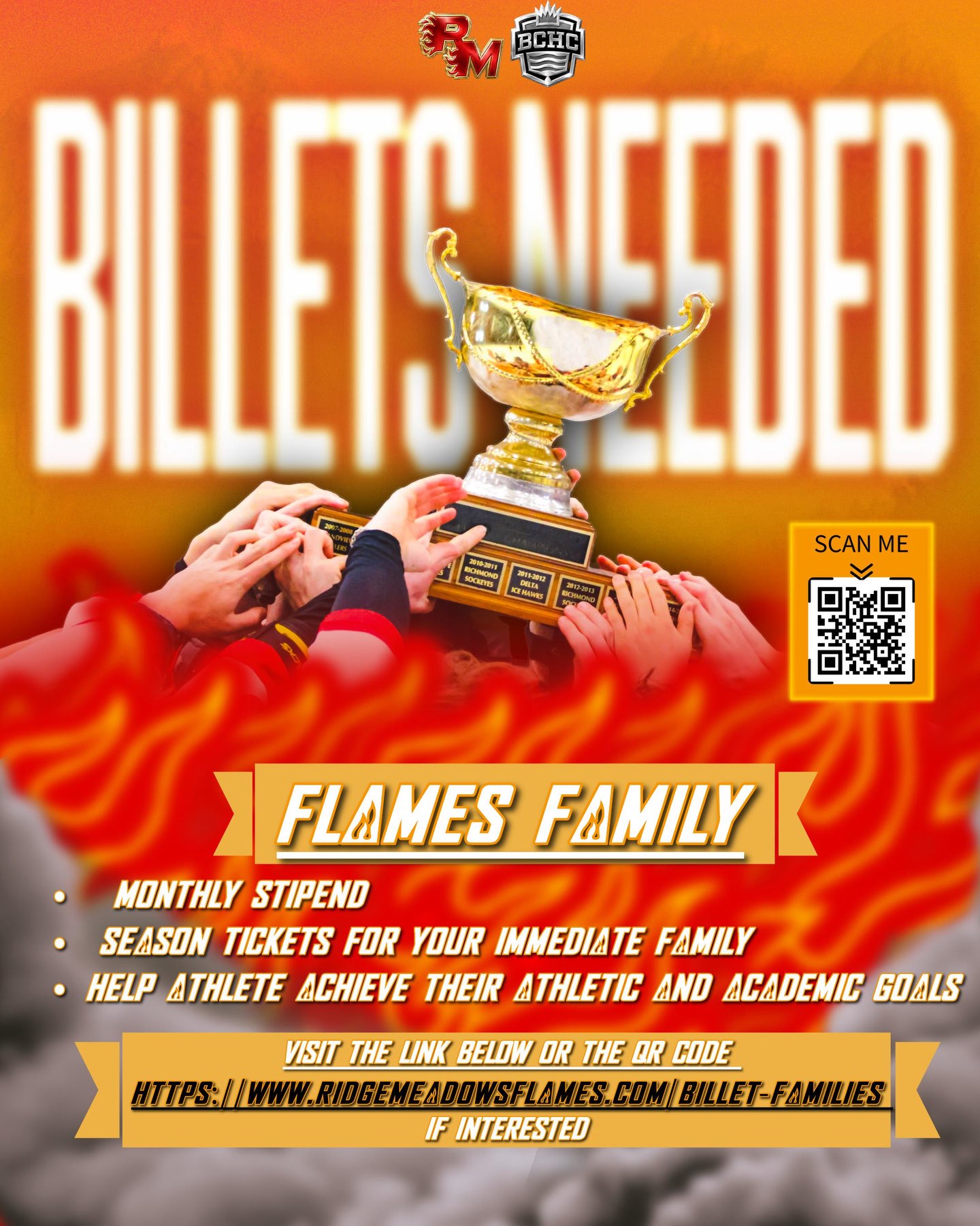 ‼️BILLETS NEEDED‼️

We are actively searching for billet families to host out of town athletes for the 2026/27 hockey season. 

* Monthly stipend 
* Season tickets 
* Join the Flames Family

Check the link in our bio for more information. 

🔥🔥🔥