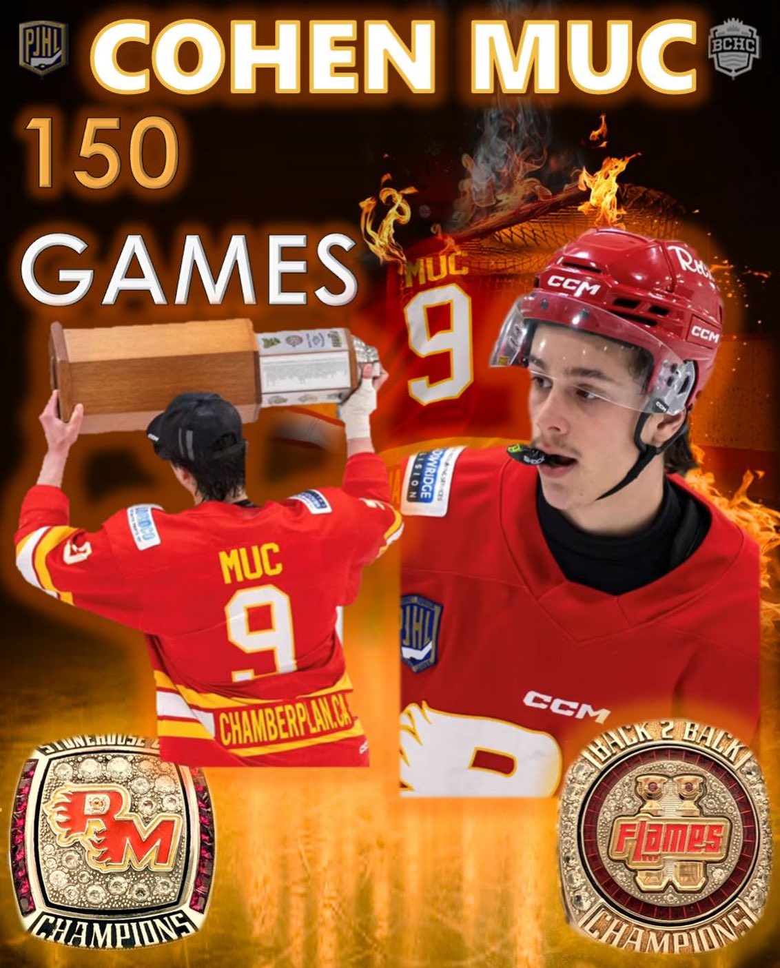 MILESTONE ALERT:
Congratulations to Cohen Muc for recently joining @thepjhl 150 game club on Friday!  Cohen has 38 career goals, 53 career assists for 91 career points.  He is a B2B Stonehouse Cup Champion. 
Way to go, Cohen!
🔥🔥🔥🔥