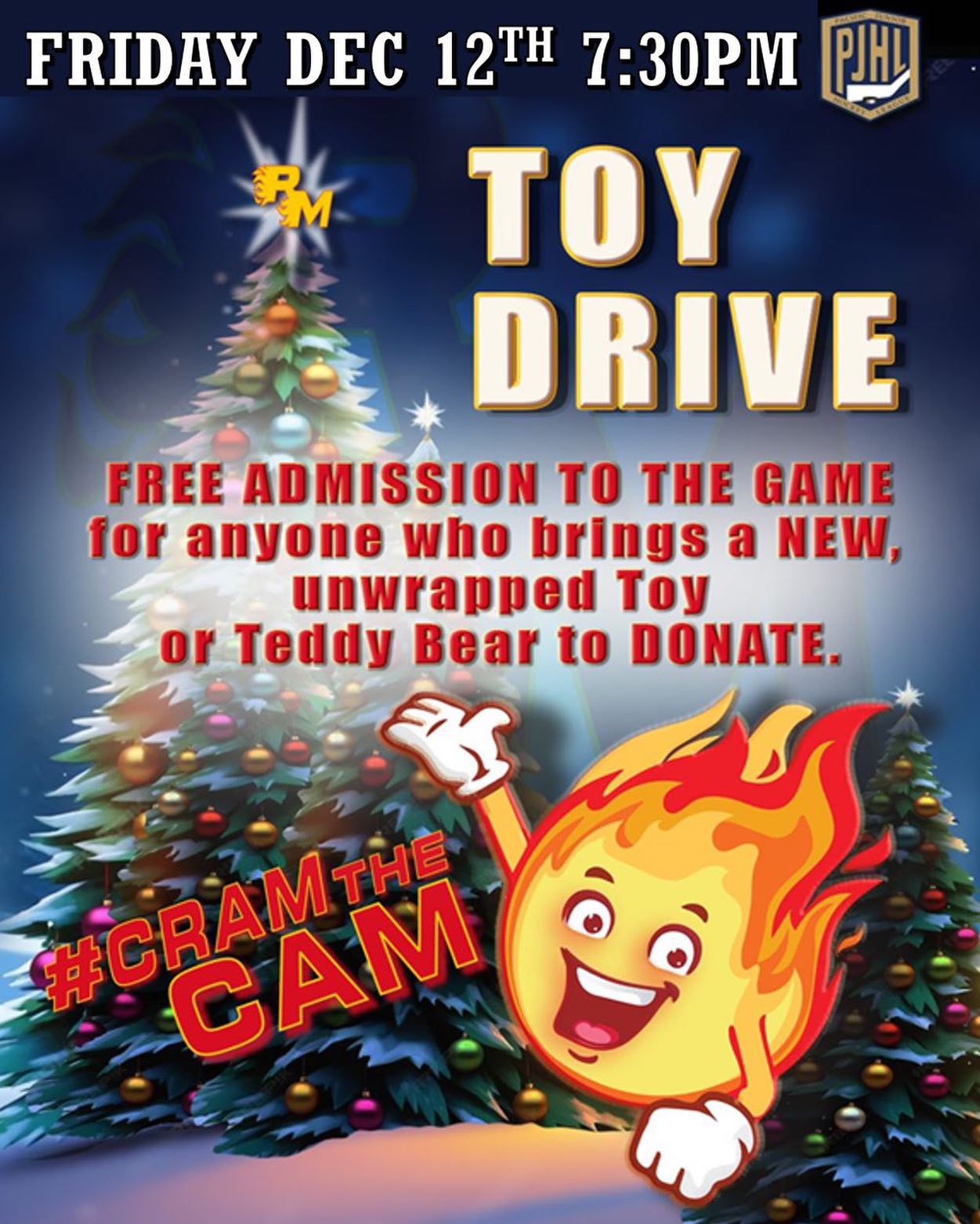 This Friday, December 12th is our Toy Drive game.  Bring a new, unwrapped toy or gift for teens to be donated to the Maple Ridge Pitt Meadows Christmas Hamper Society and you will get free admission to the game!

We will also donate the proceeds from the 50/50 draw that night.

The Christmas Hamper has mentioned that they are lower on gifts for Teens this year so let’s come together and donate to a great community cause!
🔥🔥🔥🔥