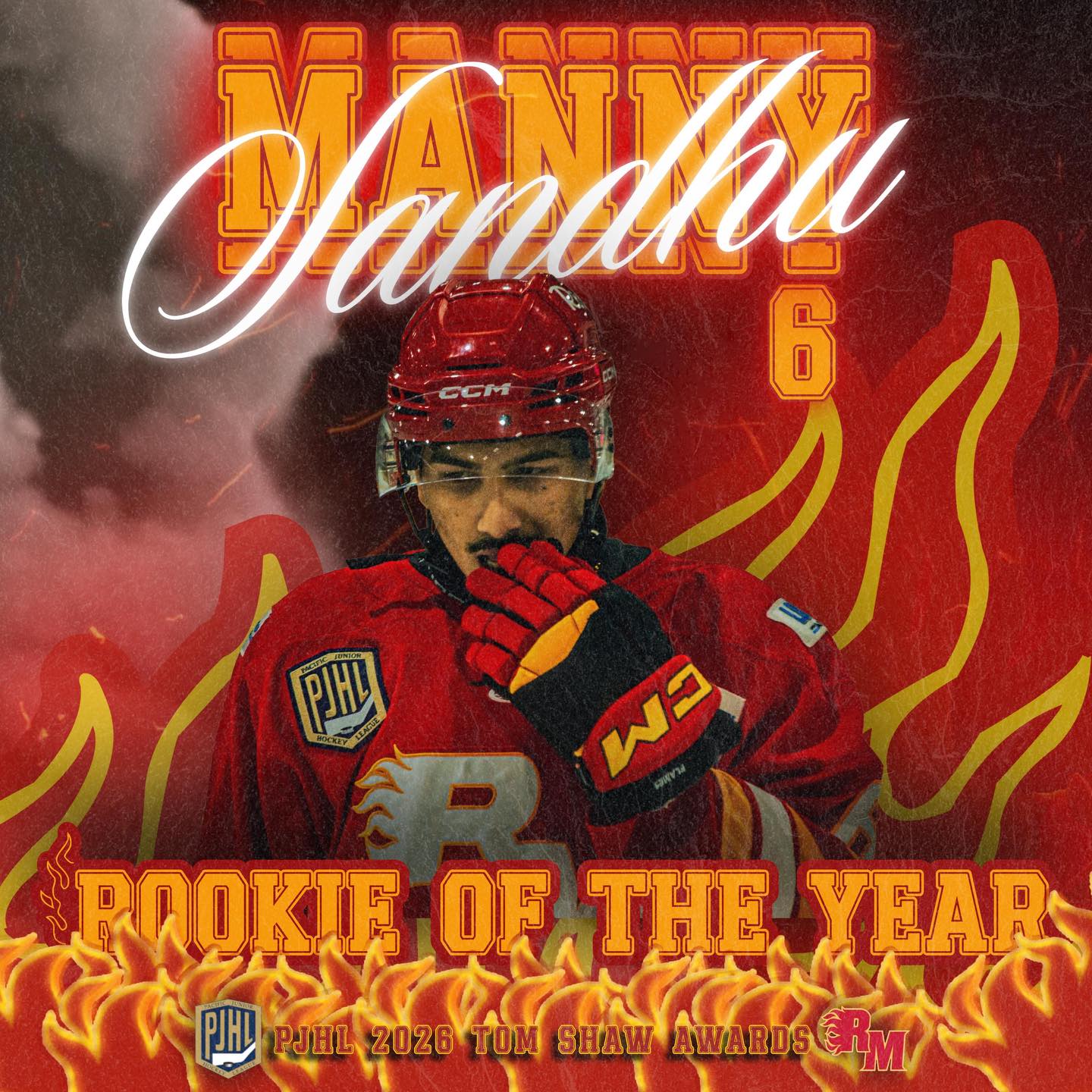 Congratulations to @mannysandhu0 for winning @thepjhl Tom Shaw Conference Rookie of the Year!  Manny led all PJHL rookie athletes in scoring this year with 65pts - 13G and 52A in 44 games. 
Way to go, Manny!  We are so proud of you. 
🔥🔥🔥🔥